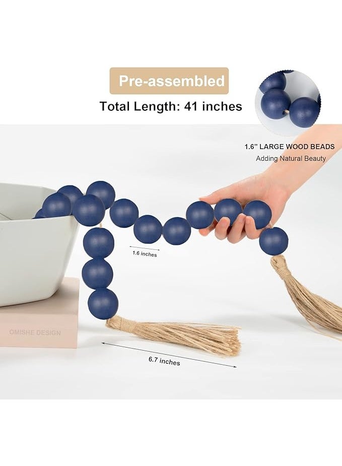 OMISHE Extra Large Wood Bead Garland in Navy Blue with 1.6" Diameter Wooden Beads and Tassels, 41" Long Rustic Farmhouse Country Decorative Beads for Home Wooden Decor, Navy Blue - Image 1