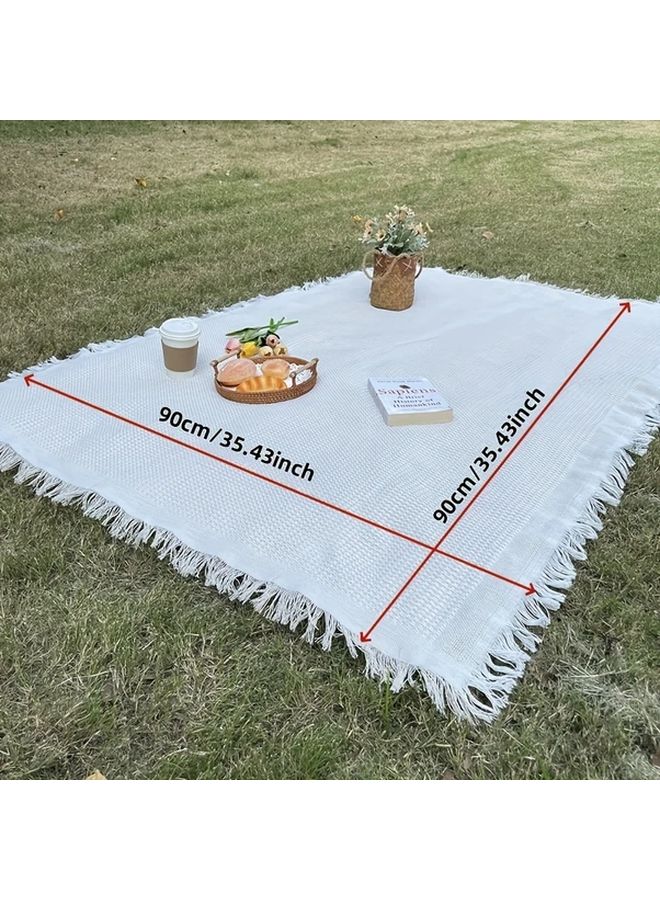 Off White 90X90 Lightweight Moisture Resistant Camping Rug Fringe Design Picnic Mat - Image 1