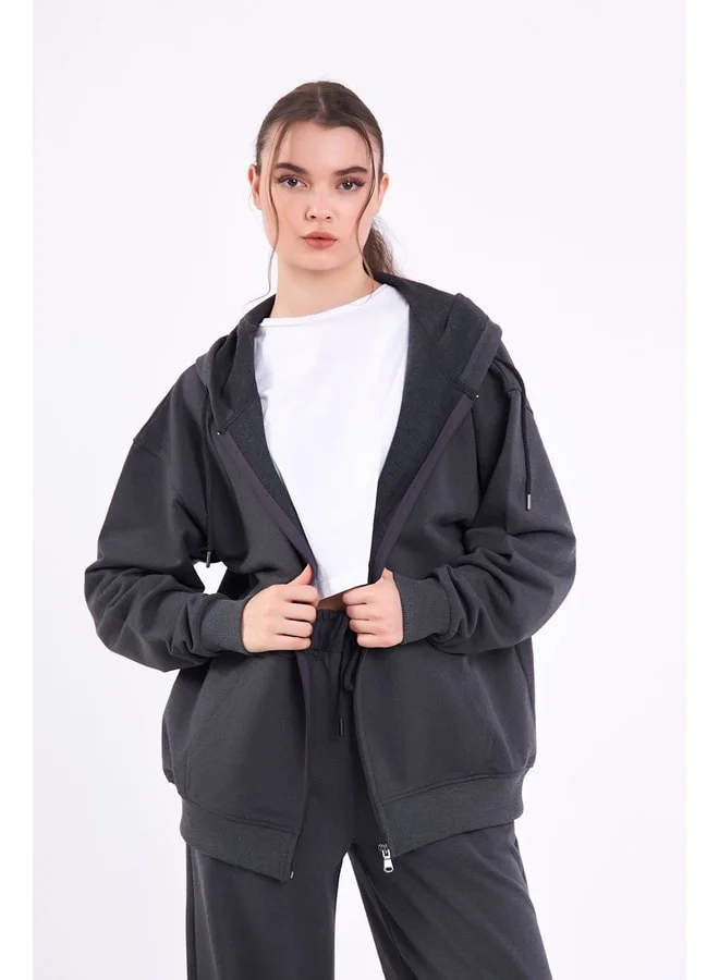 mmetalic Anthracite Oversized Women’s Zip-Up Hoodie with Kangaroo Pocket