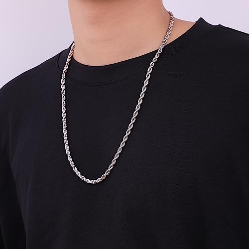 Fiusem قلادة سلسلة فضية للرجال من فيوزيم، سلسلة حبل من الفولاذ المقاوم للصدأ 4 مم للرجال والنساء، قلادة فضية بطول 18 بوصة - Image 4