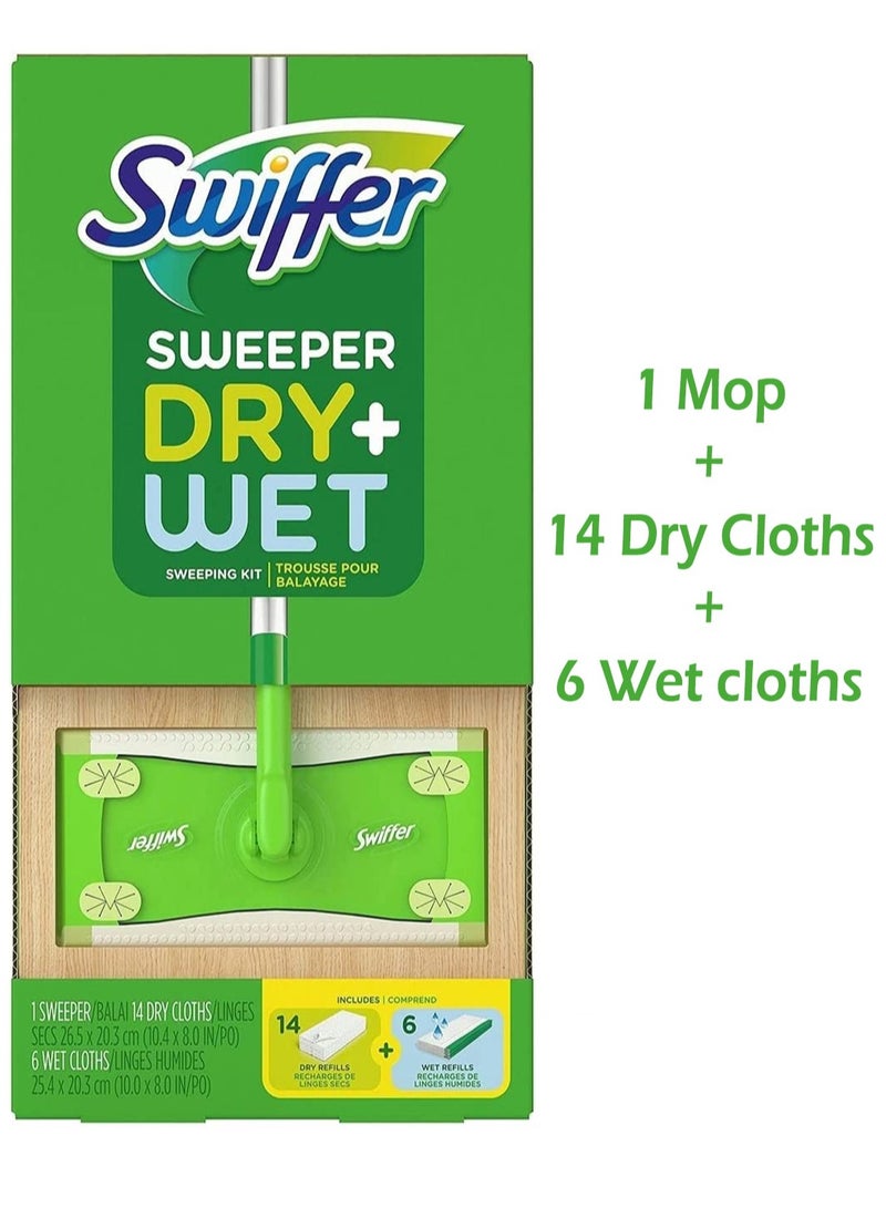 Swiffer Lightweight Compact Sweeper Wet+Dry Sweeping Kit With 1 Sweeper + 14 Dry Cloths + 6 Wet Cloths - Image 1