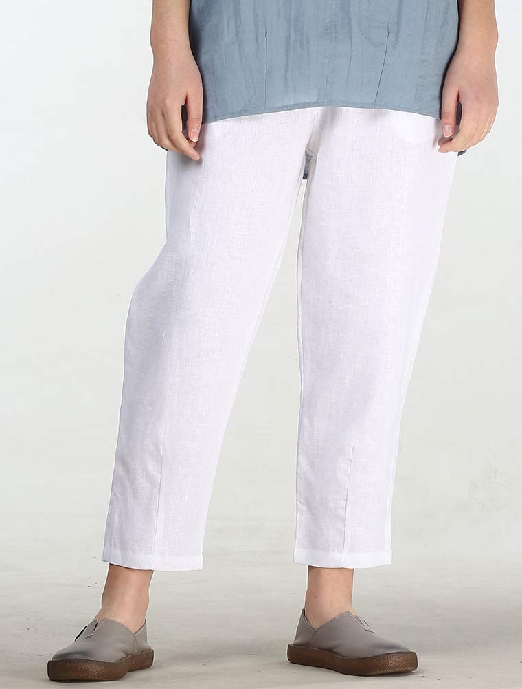 LaovanIn Women's Linen Cropped Pants Tapered Ankle Capris Trousers Elastic Waist Medium White - Image 2