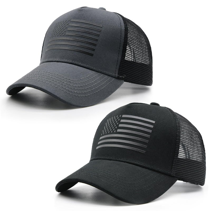 HAFOUXIGM 2 Packs American Flag Trucker Hat, Adjustable Mesh Snapback USA Flag Baseball Caps for Men Women - Image 1