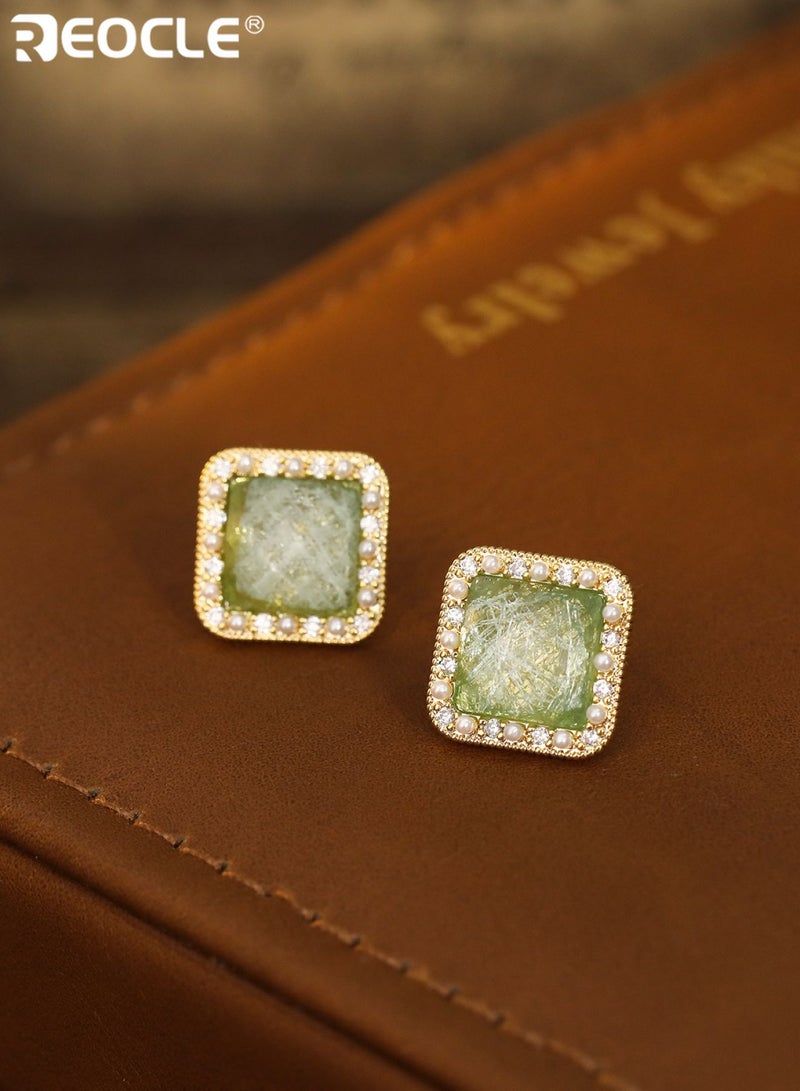 REOCLE Women's Square Gem Pearl-Trim Earrings Renaissance-Inspired Textured Central Gem & Framed Pearl Accents Retro-Chic Statement Earrings for Daily Wear & Vintage-Era Styling - Image 2