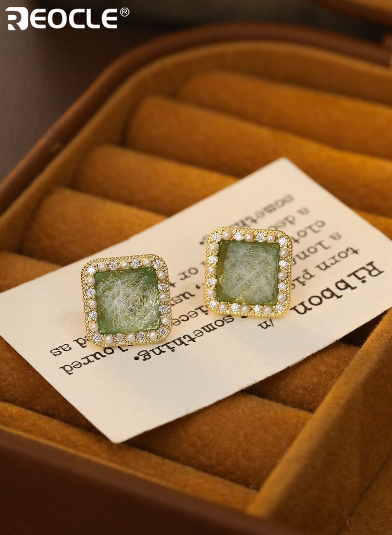 REOCLE Women's Square Gem Pearl-Trim Earrings Renaissance-Inspired Textured Central Gem & Framed Pearl Accents Retro-Chic Statement Earrings for Daily Wear & Vintage-Era Styling - Image 4