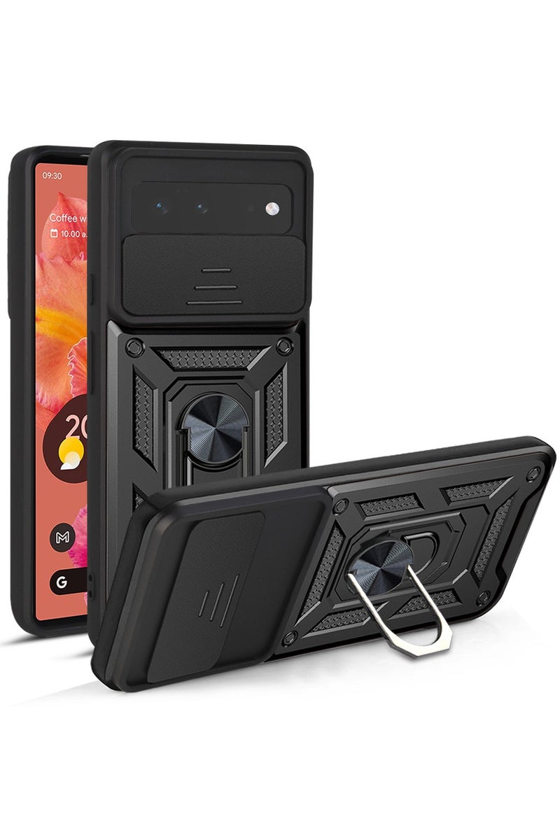 SanHu for Google Pixel 6 Case Cover, Slide Camera Lens Cover, Magnetic Ring Holder Kickstand Protective Phone Case for Google Pixel 6, Black - Image 1