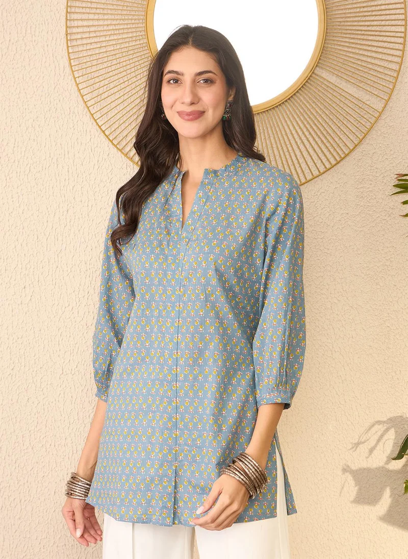 زيري سوق Grey Cotton Blend Floral Print Tunic Only