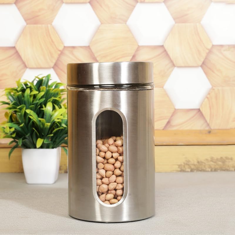 WRINGO Steel Cover Window Clear Glass Jars, Pantry Organizers Containers for Kitchen Storage Food Spices Canister with Airtight Lid Container Organizer, Tea Coffee & Sugar (H4284-1000ML, Set of 2) - Image 3