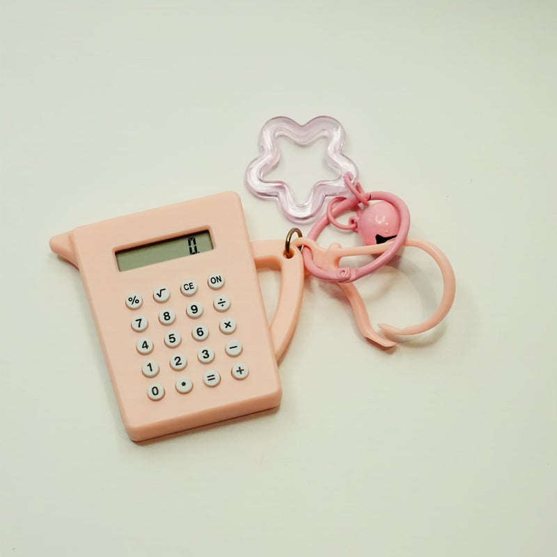 1pc Calculator And 1pc Keychain Pendant Combo Set Mini Water Bottle Shaped Calculator Deep Black With Pink Pendant Cute Office Back To School Gift With Button Battery - Image 4