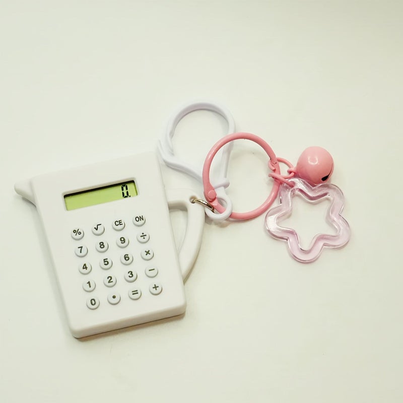 1pc Calculator And 1pc Keychain Pendant Combo Set Mini Water Bottle Shaped Calculator Deep Black With Pink Pendant Cute Office Back To School Gift With Button Battery - Image 3