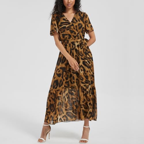 Max Hsuan Women's Summer Bohemian Floral Chiffon Dress Cap Sleeve V Neck Ruffle Long Flowy Boho Casual Vacation Dresses Leopard Print - Image 2