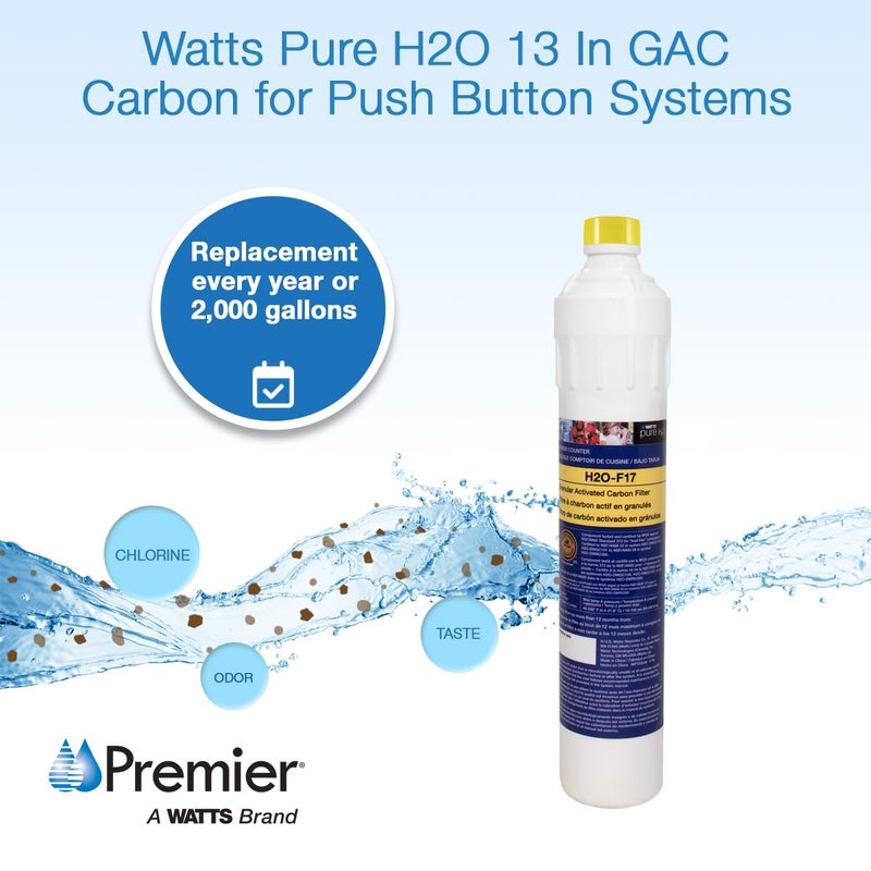 Watts Premier H2O-F17 Pure H2O GAC Carbon Filter Replacement for H2O-DWGC100, H2O-DWGC101, H2O-DWRO300 Under Counter Water Filtration Systems, Push Button Design - Image 2
