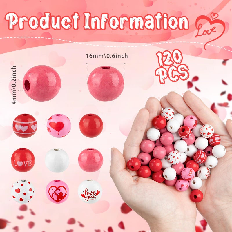Goldwise Valentineâ€™s Day Wooden Bead Kit, 120 Red, Pink & White Beads, Heart & Love Patterned Beads, DIY Jewelry & Craft Kit, Romantic Gift for Couples - Image 2