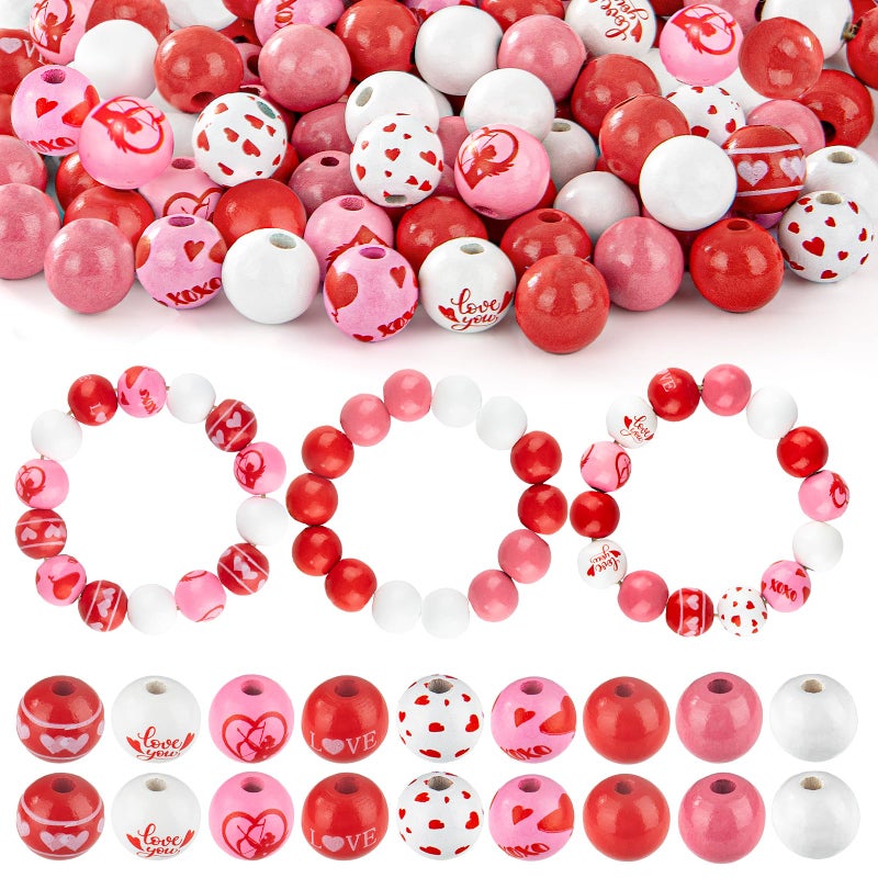 Goldwise Valentineâ€™s Day Wooden Bead Kit, 120 Red, Pink & White Beads, Heart & Love Patterned Beads, DIY Jewelry & Craft Kit, Romantic Gift for Couples - Image 1