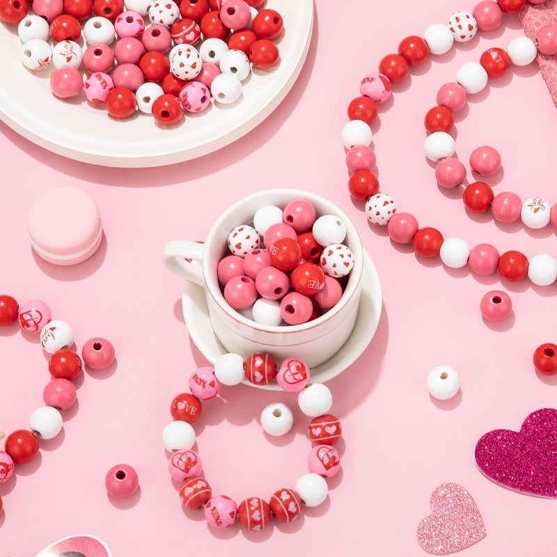Goldwise Valentineâ€™s Day Wooden Bead Kit, 120 Red, Pink & White Beads, Heart & Love Patterned Beads, DIY Jewelry & Craft Kit, Romantic Gift for Couples - Image 4