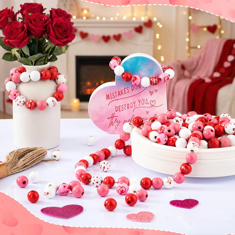 Goldwise Valentineâ€™s Day Wooden Bead Kit, 120 Red, Pink & White Beads, Heart & Love Patterned Beads, DIY Jewelry & Craft Kit, Romantic Gift for Couples - Image 3