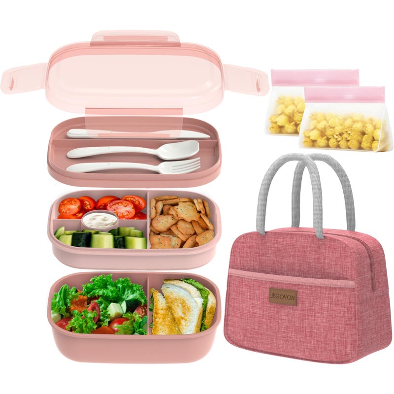 JBGOYONÂ® Bento Lunch Box Set - 3 Stackable Containers for Adults and Kidsï¼Œlunch box for women- Includes Lunch Bag, Leak-Proof and BPA-Free - Built-in Utensil Set - Dishwasher Safe (Pink) - Image 1