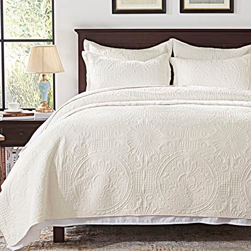 Anluoer Anluoer Quilts Queen Size SetCream Embossed BedspreadsLightweight Summer Soft Microfiber Bedspread Bedding Coverlet Blanket for All Seasons 1 Quilt 2 Pillow Shams 