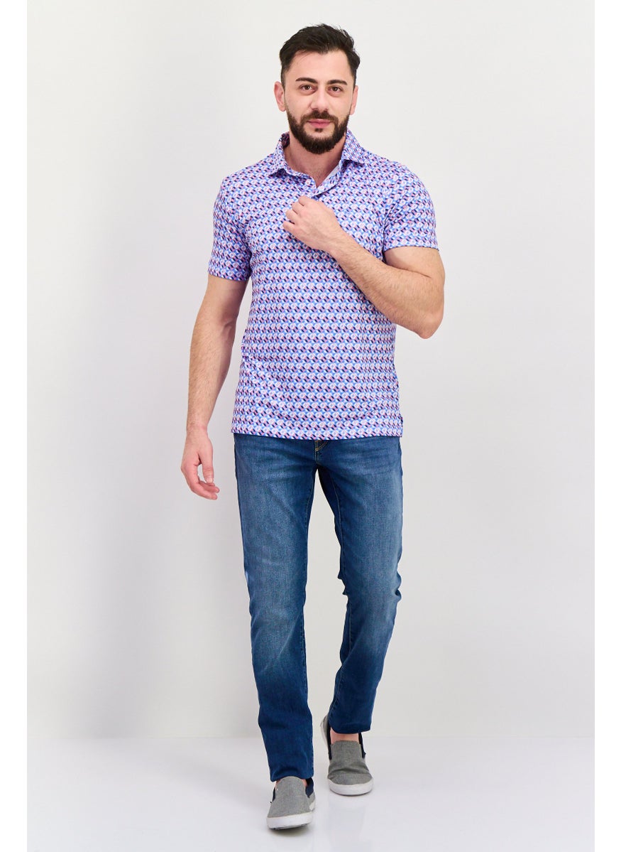 Tailorbyrd - Men Regular Fit Short Sleeve All Over Printed Polo Shirt, Blue - Image 1
