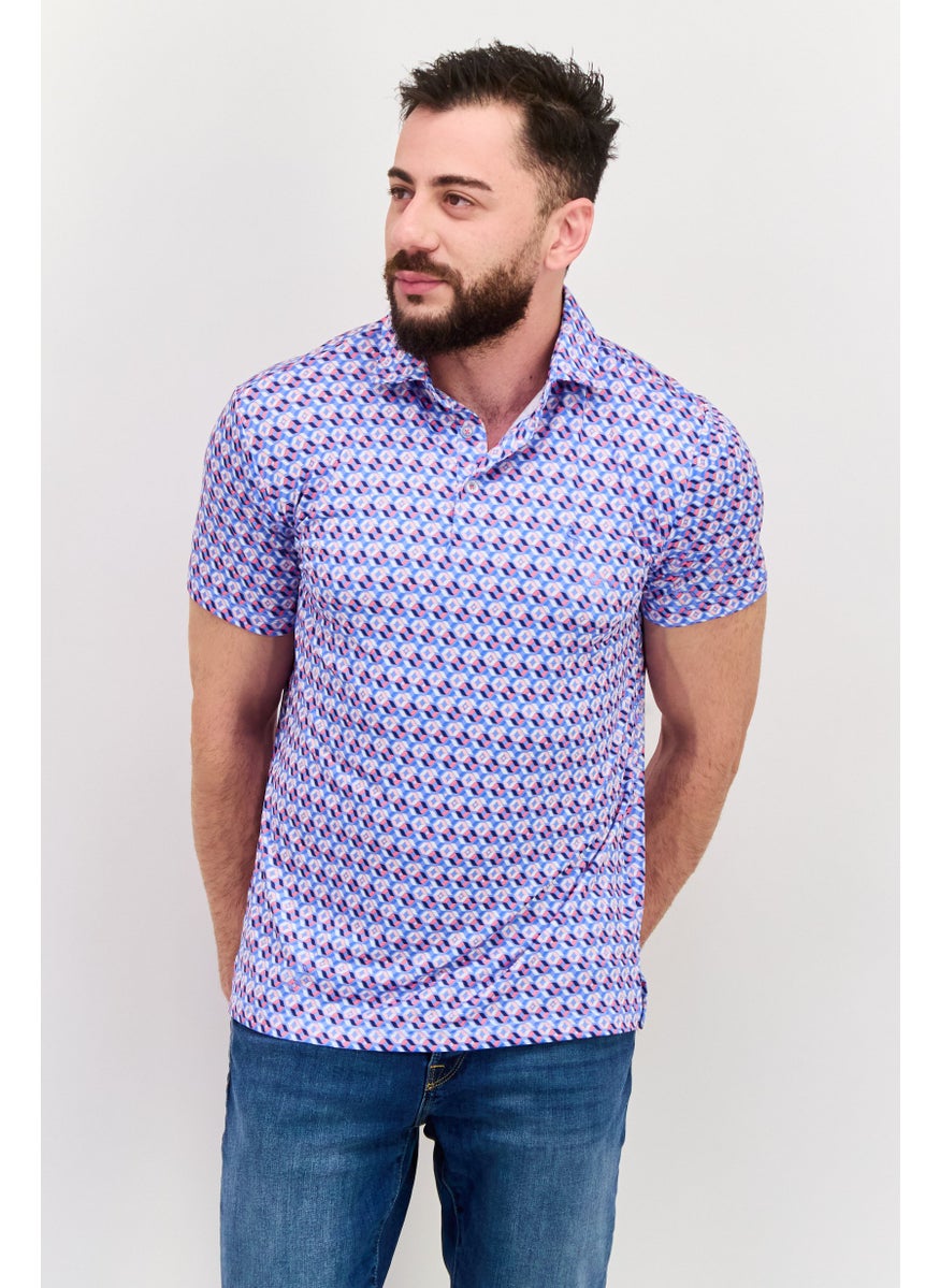 Tailorbyrd - Men Regular Fit Short Sleeve All Over Printed Polo Shirt, Blue - Image 1