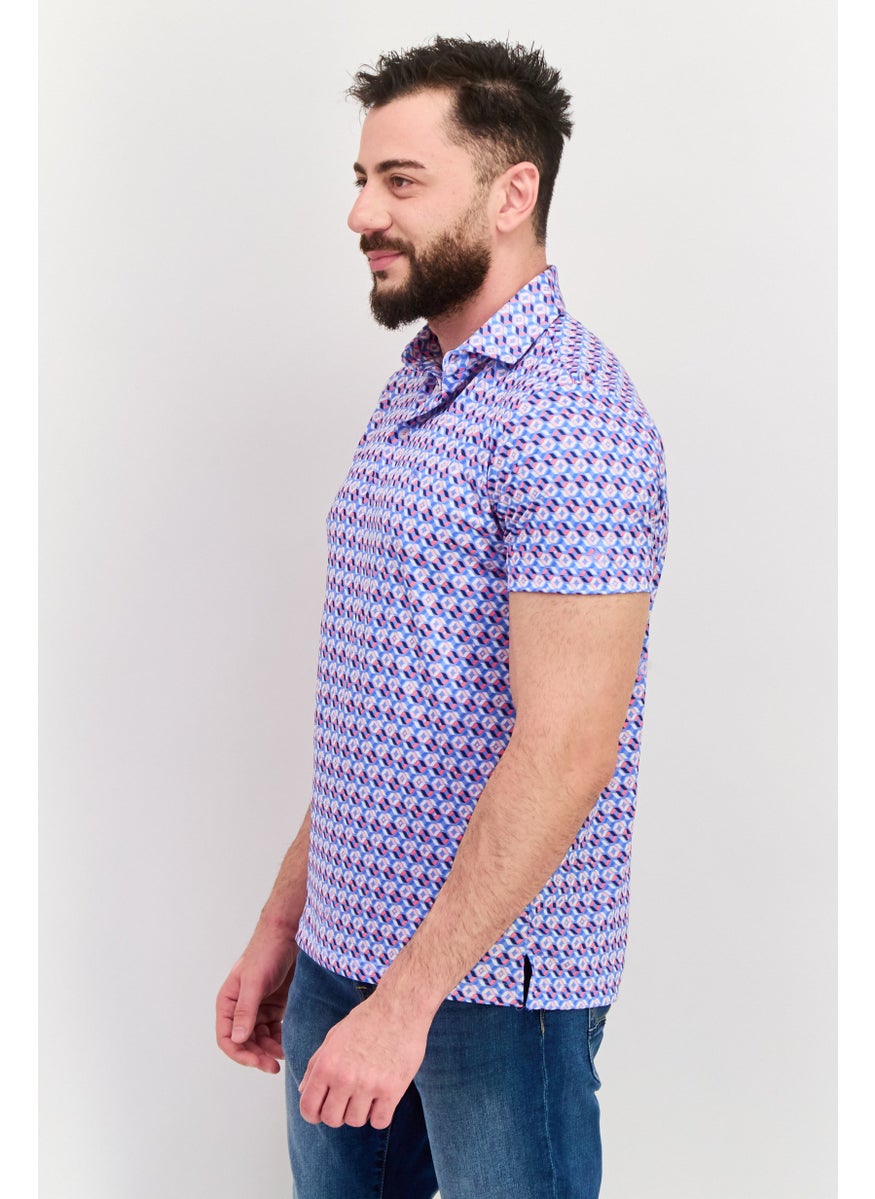 Tailorbyrd - Men Regular Fit Short Sleeve All Over Printed Polo Shirt, Blue - Image 1