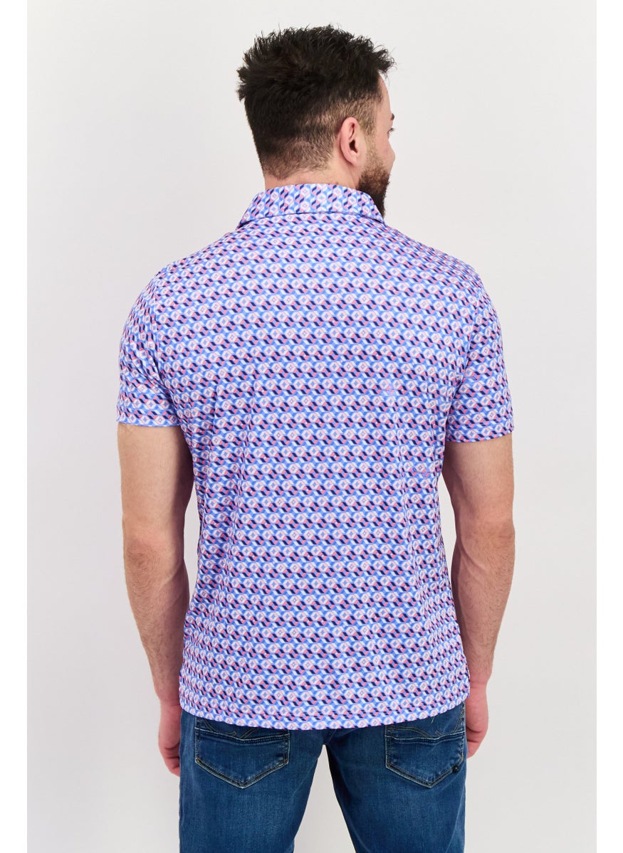 Tailorbyrd - Men Regular Fit Short Sleeve All Over Printed Polo Shirt, Blue - Image 1
