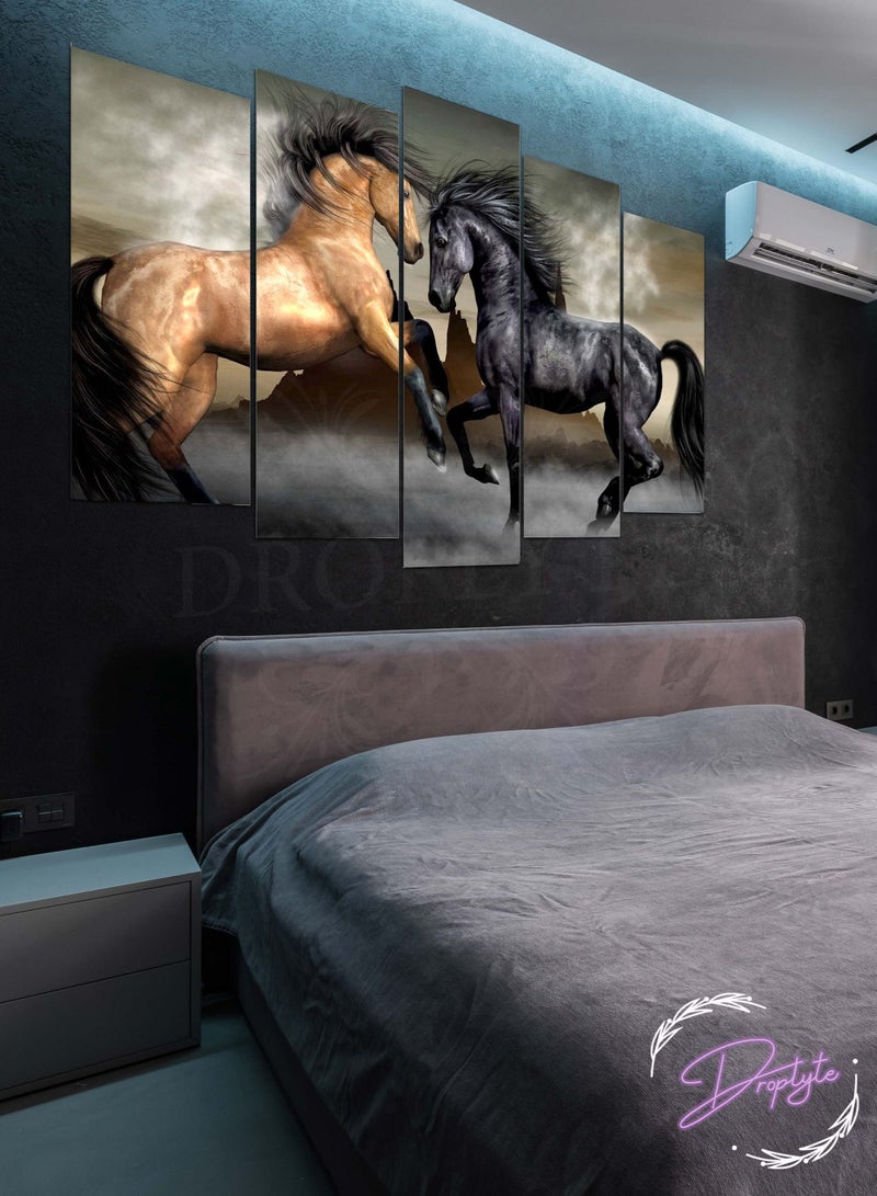 Droplyte 5 Piece Black and Brown Horses Painting Decorative Wall Art Wall Decor Card Board MDF Home Decor  For Drawing Room, Living Room, Bedroom, Kitchen or Office  120CM x 80CM  - Image 1