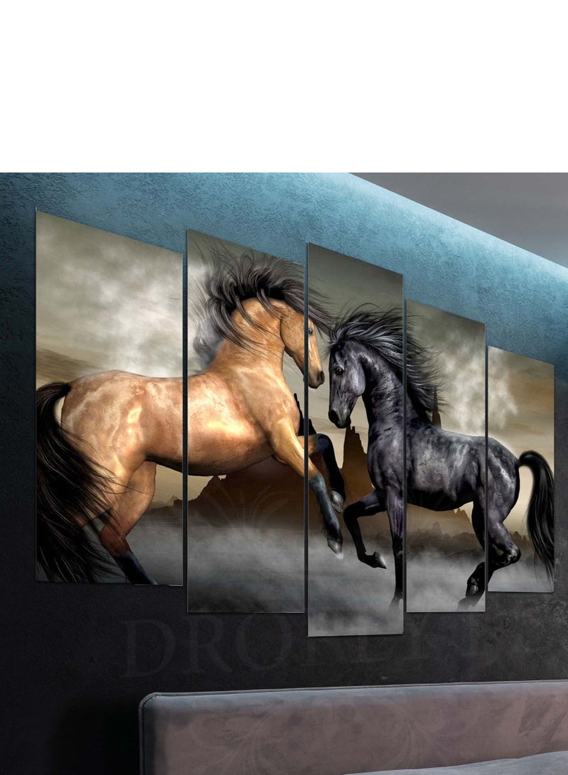 Droplyte 5 Piece Black and Brown Horses Painting Decorative Wall Art Wall Decor Card Board MDF Home Decor  For Drawing Room, Living Room, Bedroom, Kitchen or Office  120CM x 80CM  - Image 3