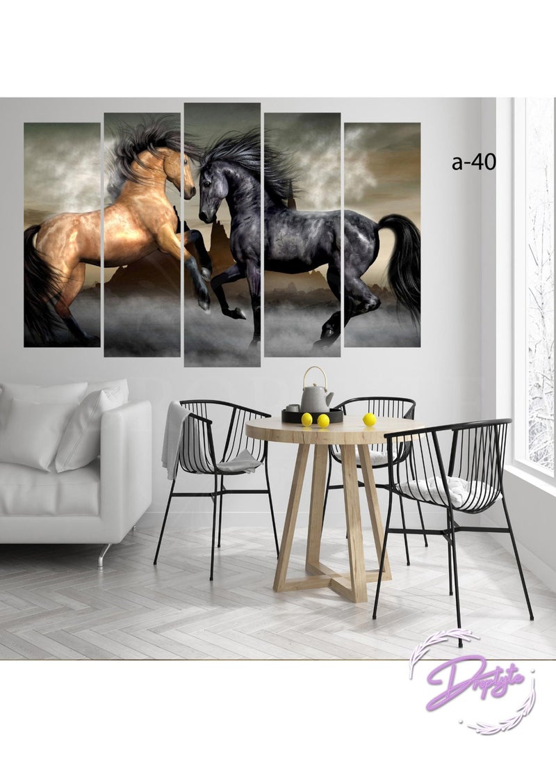 Droplyte 5 Piece Black and Brown Horses Painting Decorative Wall Art Wall Decor Card Board MDF Home Decor  For Drawing Room, Living Room, Bedroom, Kitchen or Office  120CM x 80CM  - Image 2