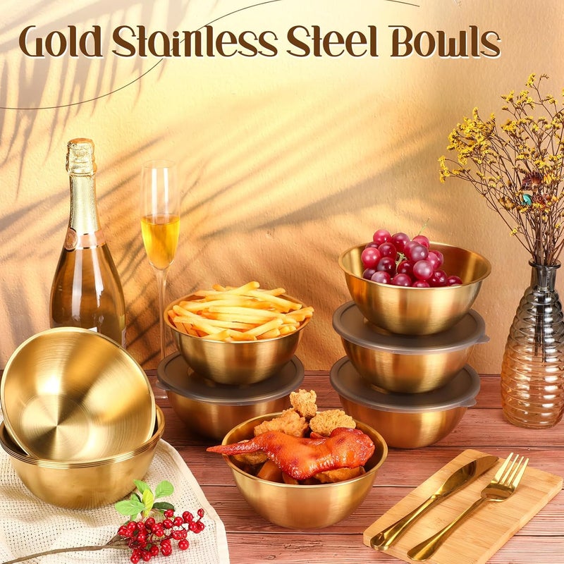 Nuogo 12 Pack Gold Mixing Bowls with Airtight Lids 26 oz Gold Serving Bowl Metal Salad Fruit Bowls Stainless Steel Soup Bowls Kitchen Accessories for Lunch Snack - Image 3