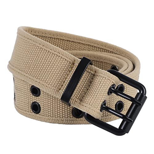 moonsix Canvas Web Belts for Men,Solid Color Casual Double Hole Grommet Belt,Khaki - Image 2