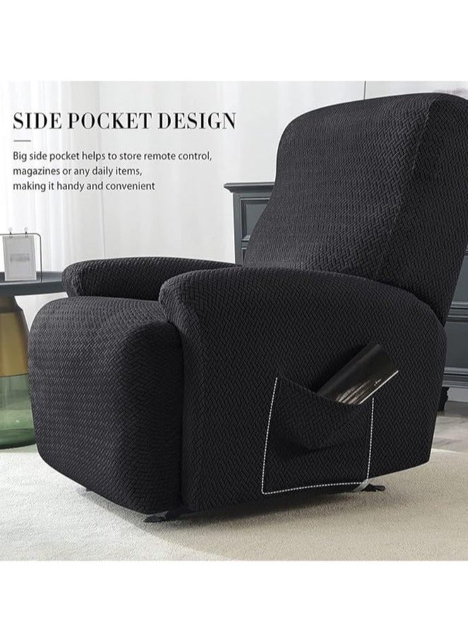 general 4-piece chaise longue set Stretch sofa slide chaise longue cover 1-seater sofa cover Soft furniture cover with elastic cover Jacquard pattern (black) - Image 4