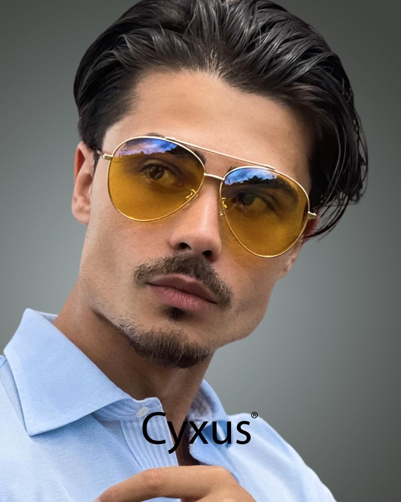 Cyxus Aviator Glasses Stylish Blue Light Blocking Eyeglasses Computer Eyewear Anti Eyestrain Metal Frame Yellow Lens Gold - Image 2