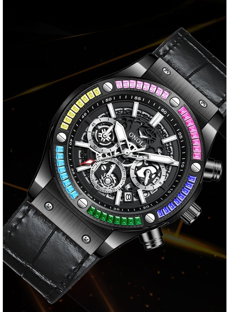 ONOLA Stylish Rainbow Diamond Genuine Leather Multifunctional Waterproof Quartz Watch - Image 2
