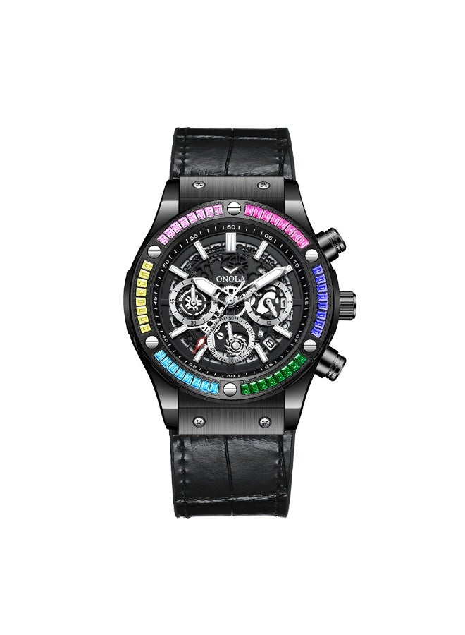 ONOLA Stylish Rainbow Diamond Genuine Leather Multifunctional Waterproof Quartz Watch - Image 1