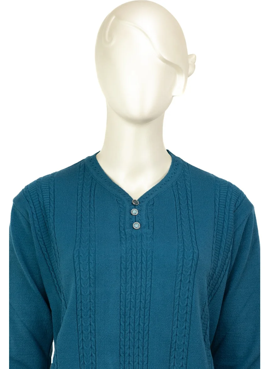 Oppland Women's Winter Self Patterned Pear Collar Three Buttons Normal Cut Lycra Cotton Snowdrop Woven Mother Sweater