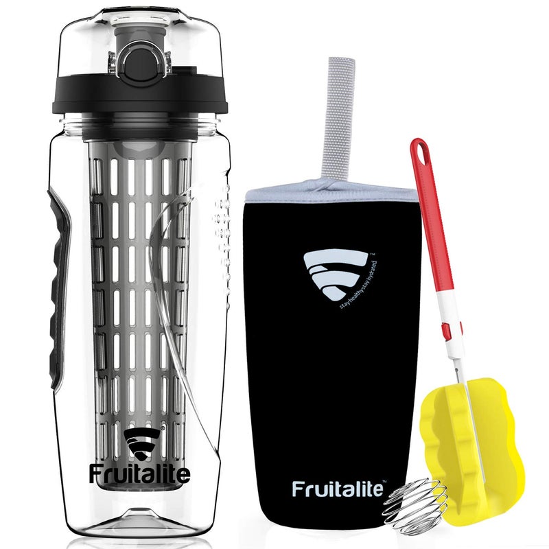 Fruitalite Fruitalite Fruit Infuser Water Bottle 1 Litre Full Length Tritan Infusion Rod Cover Sleeve Infused Detox Water Recipes eBook Cleaning Brush BLACK - Image 1