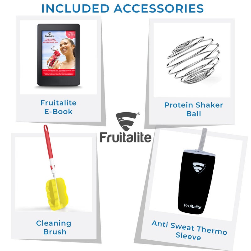 Fruitalite Fruitalite Fruit Infuser Water Bottle 1 Litre Full Length Tritan Infusion Rod Cover Sleeve Infused Detox Water Recipes eBook Cleaning Brush BLACK - Image 2