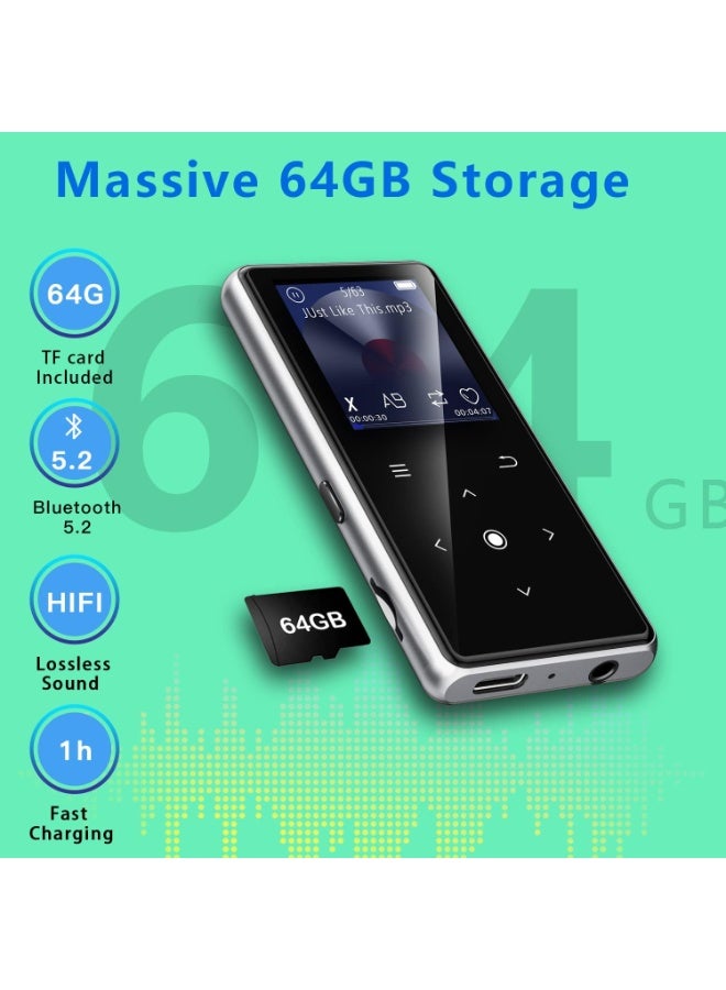 مشغل MP3 سعة 64 جيجابايت مع بلوتوث 5.2 من ايمونسا - مشغل موسيقى مزود بمكبر صوت HD مدمج، راديو اف ام، مسجل صوت، صوت هاي فاي عالي الدقة، وقارئ كتب إلكترونية - يتضمن سماعات أذن - Image 3