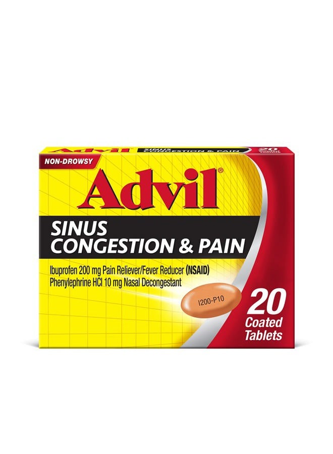 Advil Sinus Congestion and Pain, Sinus Relief Medicine, Pain Reliever and Fever Reducer with Ibuprofen and Phenylephrine HCl - 20 Coated Tablets - Image 1