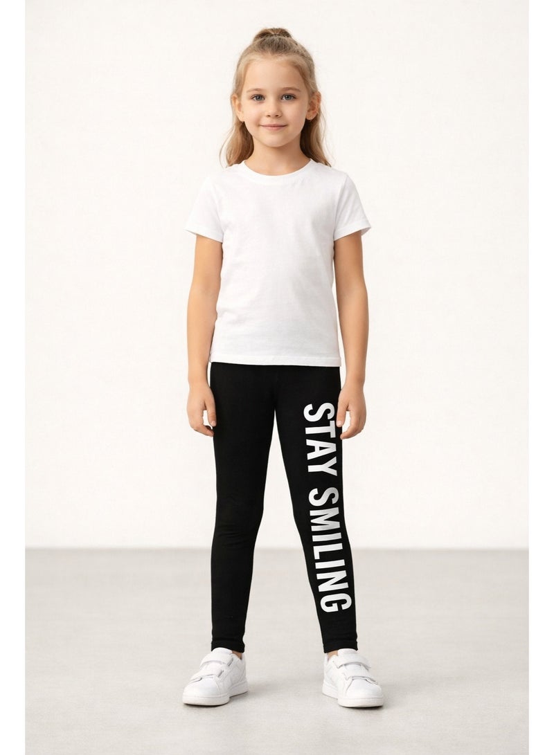 شي إن ليجن بناتي أسود بوسط استك وطباعة جانبية ستايل كاجوال مريح للبنات مناسب للاستخدام اليومي - Image 1