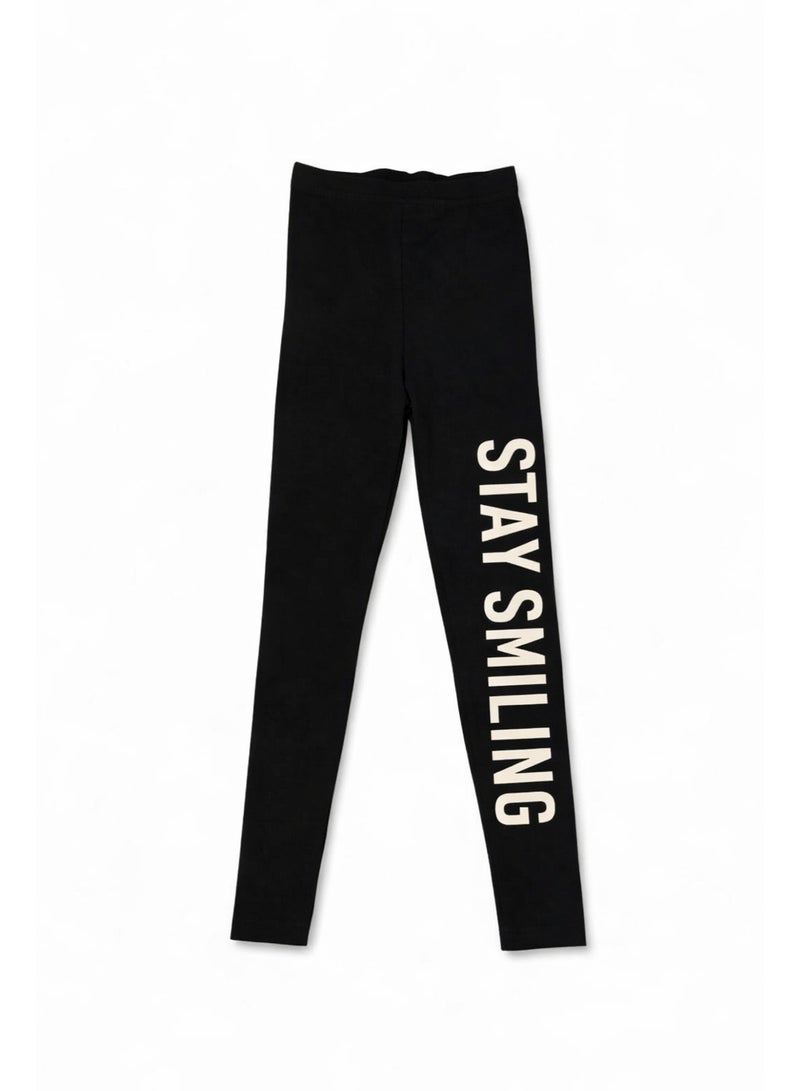 شي إن ليجن بناتي أسود بوسط استك وطباعة جانبية ستايل كاجوال مريح للبنات مناسب للاستخدام اليومي - Image 3