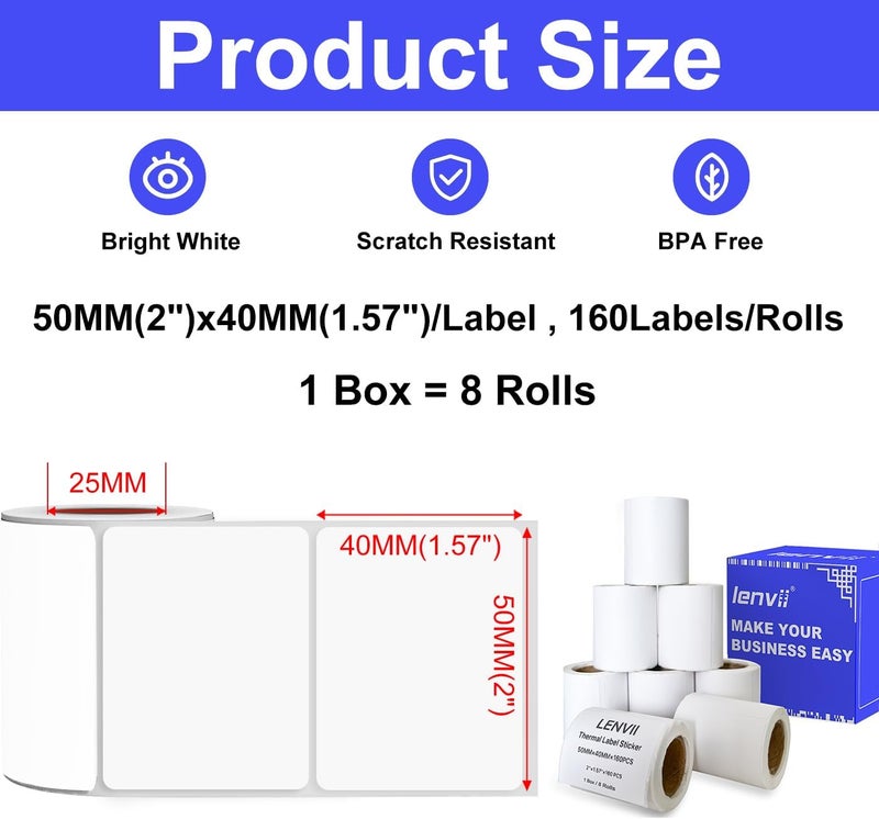 LENVII 50 x 40mm (2"x1.57") Thermal Labels 1280 Sheets -8 Rolls × 160 Labels, 3-Proof (Water/Oil/Scratch) Multi-Use Adhesive Stickers for Address/Barcode/FNSKU Tags - Home/Office/Product/Gift Labeling - Image 2