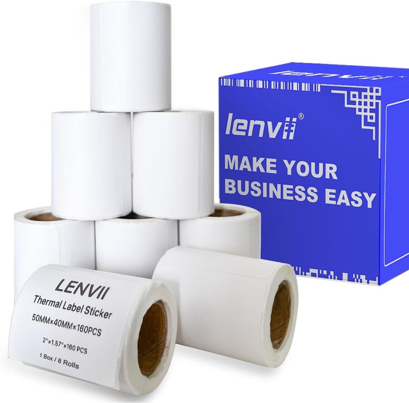 LENVII 50 x 40mm (2"x1.57") Thermal Labels 1280 Sheets -8 Rolls × 160 Labels, 3-Proof (Water/Oil/Scratch) Multi-Use Adhesive Stickers for Address/Barcode/FNSKU Tags - Home/Office/Product/Gift Labeling - Image 1