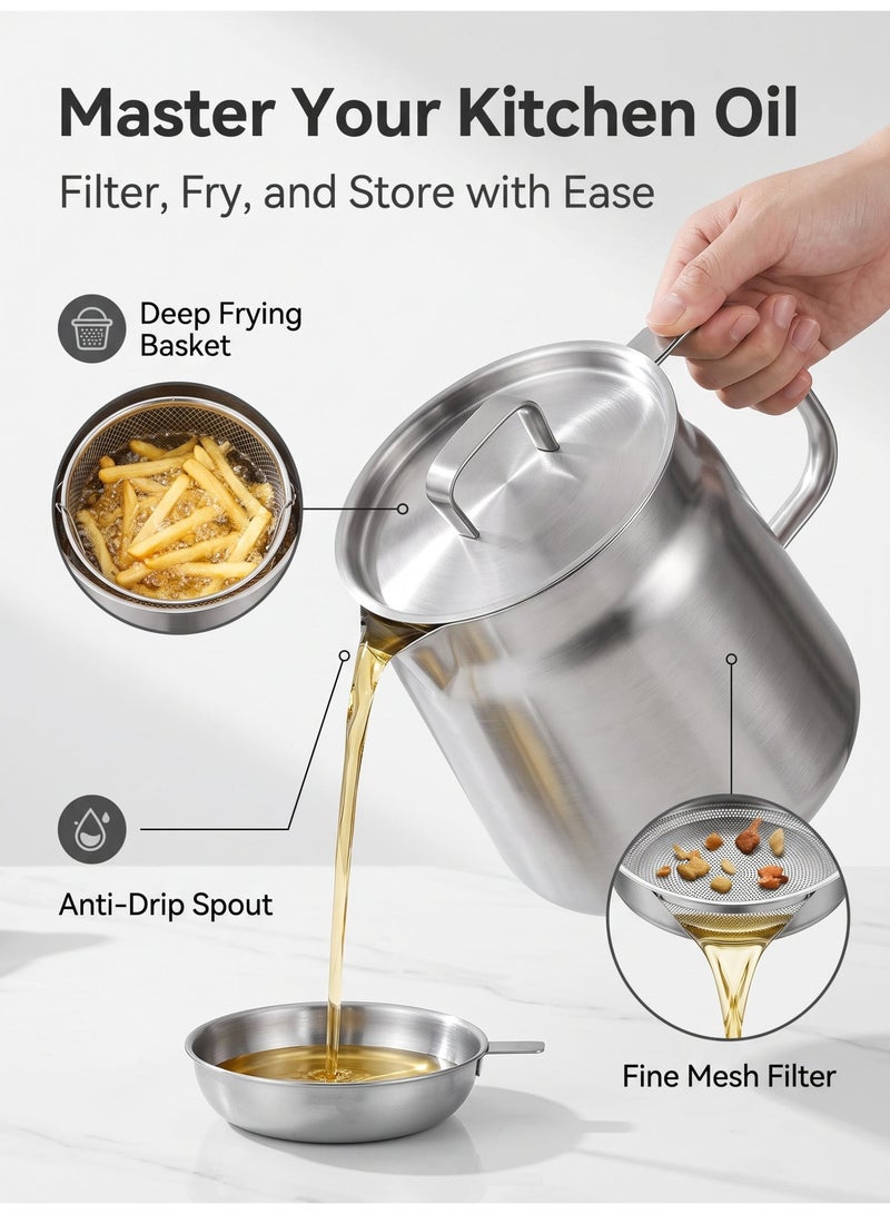 nihao 304 Stainless Steel Deep Fryer, 2L Oil Tank With Filter, Frying Basket, Oil Residue Separation Bottle - Image 3