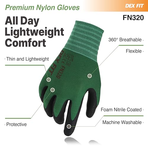 DEX FIT Premium Nylon Nitrile Work Gloves FN320, 3 Pairs, 3D-Comfort Stretchy Fit, Firm Grip, Thin & Lightweight, Durable, Breathable & Cool, Machine Washable; Forest Green 8 (M) - Image 4