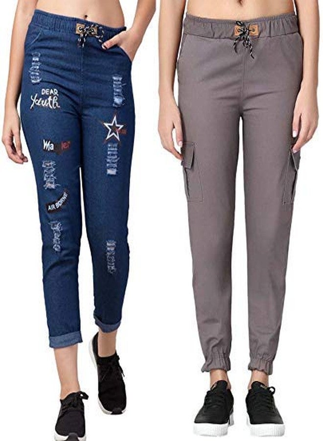 V3E Girl's Plain Casual Grey Joggers and Relaxed Fit Denim Dark Blue Jogger Pant Sports Track Pants (Pack of 02)-(30) - Image 1