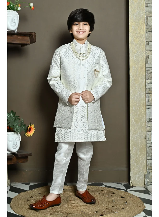BT DEZINES Boys White Cotton Silk Kurta Pyjama Set