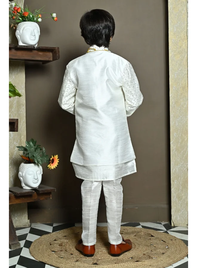 BT DEZINES Boys White Cotton Silk Kurta Pyjama Set