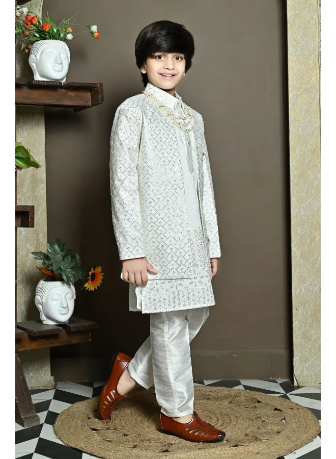 BT DEZINES Boys White Cotton Silk Kurta Pyjama Set